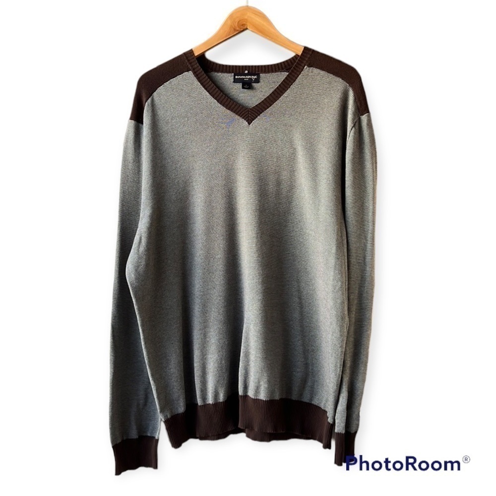 𝅺banana REPUBLIC Brown Striped Cotton V Neck Sweater Size XL